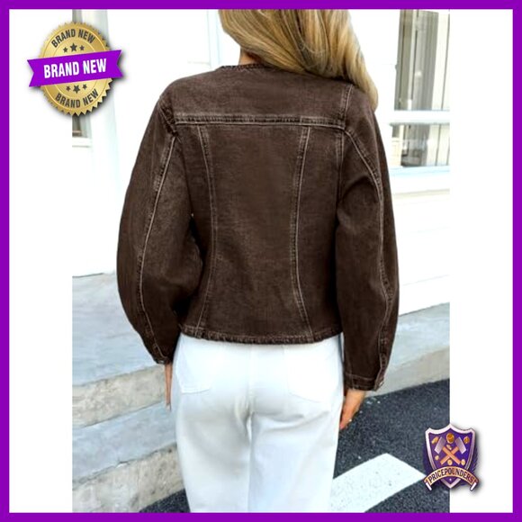 Cropped Denim Jacket Slim Fit Y2K Retro Casual Button Down Crewneck Shacket - Picture 3 of 7